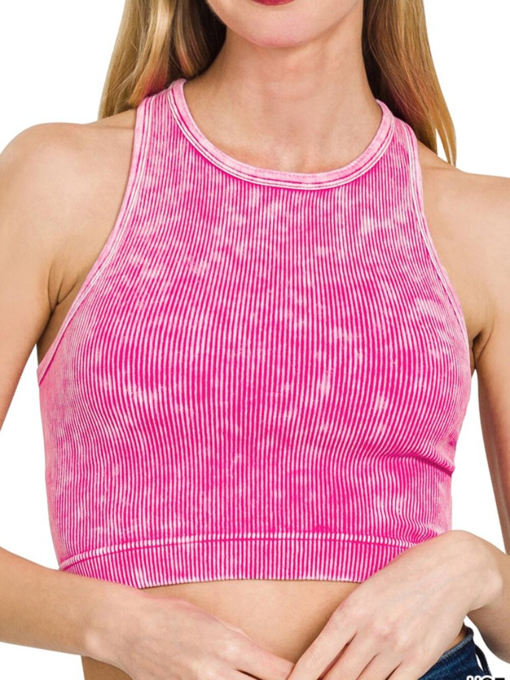 Washed Ribbed Seamless Cropped Tank Top in Hot Pink